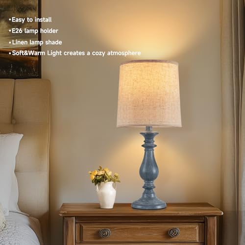 Lamps Set of 2 Vintage Rustic Farmhouse Table Lamps Bedside Reading Lamp Bedroom Nightstand Living Room Teapoy Lamp, Desk Light, 22 Inch High, Navy Blue, with Fabric Shade, Bulb Not Included，Blue