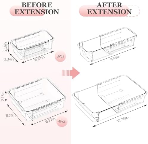 DILIBRA 12 Pcs Clear Extendable Drawer Organizer, Adjustable Drawer Storage