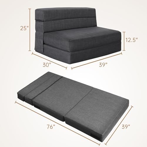 Nigoone Fold Sofa Bed Couch Twin Size with Pillow Memory Foam Convertible Sleeper Chair Bed Futon Lazy for Living Room/Home Office/Guest Beds/Apartment/Upstairs Loft, Dark Gray