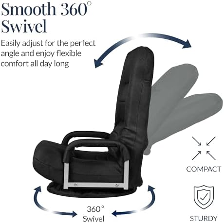 Best Choice Products Swivel Gaming Chair 360 Degree Multipurpose Floor Chair Rocker for TV, Reading, Playing Video Games w/Lumbar Support, Armrest Handles, Adjustable Foldable Backrest - Black/Black