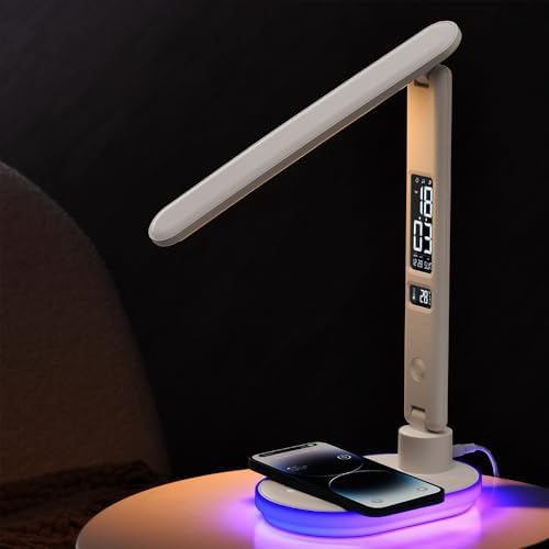 IHAO Luxury Multifunctional LED Desk Lamp10W Qi Wireless Charger Digital Alarm Clock Ambient Light & Temperature Display Adjustable Eye-Care Table Lamp with Leather Texture Design Table Lamp-U20 White