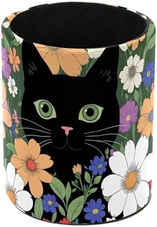 Cat Flower Pen Holder Pencil Organizer Cute Pencil Cup Desk Decor Makeup Brush Holder PU Multifunctional Office Supplies for Home Classroom School