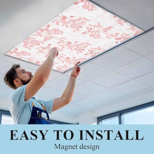 Pink Flower Leaves Magnetic Fluorescent Light Covers for Ceiling Lights 2 x 4 Feet,Grey Modern Pastel White Floral Spring Summer Office Classroom Kitchen Drop Ceiling Light Filter Covers 1 Pack