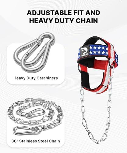 DMoose Fitness Neck Harness for Weight Lifting - Soft Padded Head & Chin Strap with 30" Heavy Duty Steel Chain - Neck Exerciser, Trainer & Strengthener to Support Injury Recovery and Intense Workouts