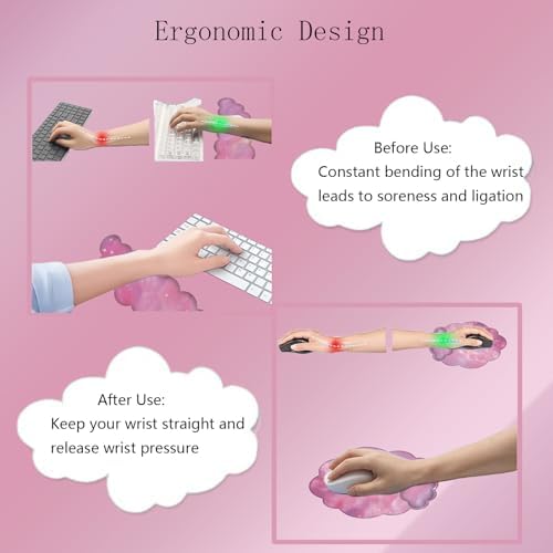 Cloud Keyboard Wrist Rest Galaxy Mouse Pad with Wrist Rest Ergonomic Space Wrist Pad Memory Foam Non-Slip Wrist Support for Computer Laptop Gaming Home Office Relief Typing Pain Pink Stars