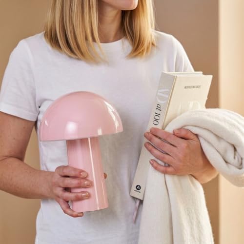 Brightech Celia Table Lamp – 10" Touch-Controlled Mushroom Accent Lamp, Cordless & Dimmable LED, Portable & Rechargeable Bedside Night Light, Sustainable Recycled Modern Patio Lamp, Home Décor – Pink