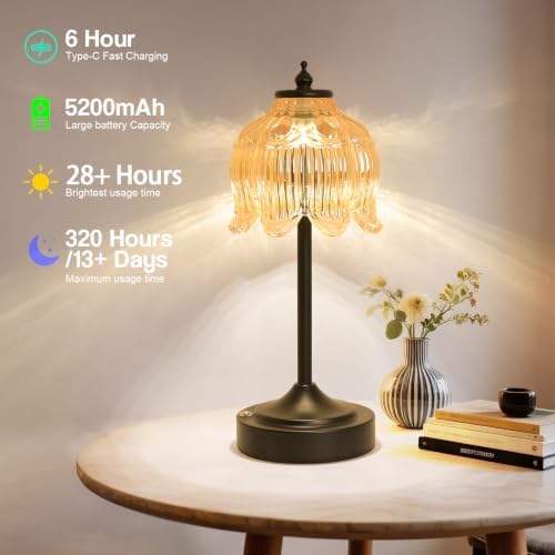 Cordless Table Lamp, Rechargeable Amber Glass Lotus Flower Lamp