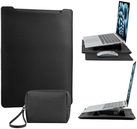15-16 Inch Protective Laptop Sleeve Case with Stand, for MacBook Air 15" M5~M2 (2026-2023); MacBook Pro 16" M5~M1, Pro/Max(2026-2021), Surface/ASUS/Lenovo, PU Leather Laptop Case (15"-16" Black)
