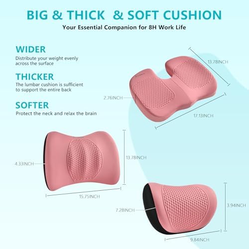 FLORICH 3 PCS Seat Cushion for Carseat Lumbar Support Pillow Car Neck Headrest Pillows 100% Memory Foam Seat Pads Pressure Relief Back Cushion for Office Chair(Pink)