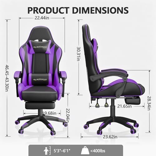 Mr IRONSTONE Purple Gaming Chair with Footrest, Ergonomic High Back Gamer Chair with Massage Lumbar Support, Reclining Video Game Chair with Adjustable Headrest, Swivel Computer Desk Chair