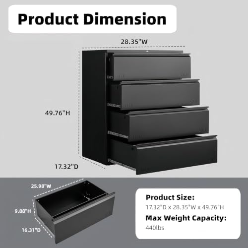 Guizeeopo Metal File Cabinet with Lock, 4 Drawer Lateral File Cabinets for Home Office, Heavy Duty Office Storage Cabinet for A4/Letter/Legal Size, Assembly Required(Black)