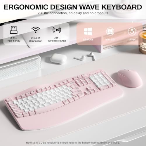 Wireless Keyboard and Mouse Combo,2.4G Ergonomic Wave Keys(Pink & White-B)