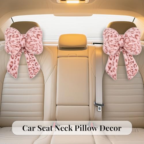 2 Pack Bow Car Headrest Pillow Comfortable Soft Plush Head Rest Cushion, Neck Pillow for Driving Office Use and Car Interior Decoration (Pink Leopard)