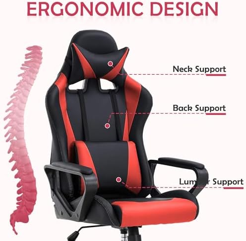 Red Gaming Chair PC Office Chair, High Back Computer Chair Gaming Chairs for Adults, Ergonomic Desk Chair Office Gaming Chair with Wheels, Reclining Gamer Chair, Adjustable Headrest Lumbar Support