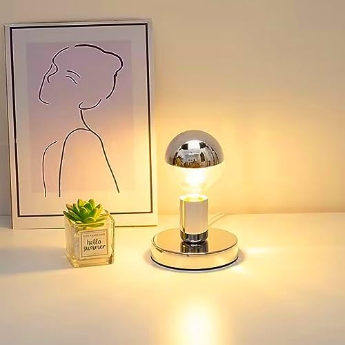 Simple Unique Lamp Base Only,Mini Bedside Table Lamp Bases,E26 Edison Light Bulb Stand Lamps for Small Spaces,Minimalist Desk Lamps Set w/ 5.8ft White Cord Switch Plug,No Bulb,Silver/Chrome,S