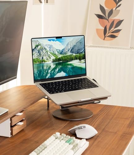 KU XIU Adjustable Laptop Stand with 7-in-1 Hub, Foldable Portable Aluminum Laptop Riser with 360° Swivel Base for Desk, Ergonomic Computer Notebook Stand Holder for All Laptops 10-17"-Gray (Wooden)
