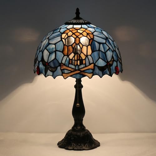 Tiffany Style Stained Glass Skull Lamp, Gothic Pirate Table Lamp, Halloween Home Decor Accent Light (Bulb Not Included, 12x12x19 in)