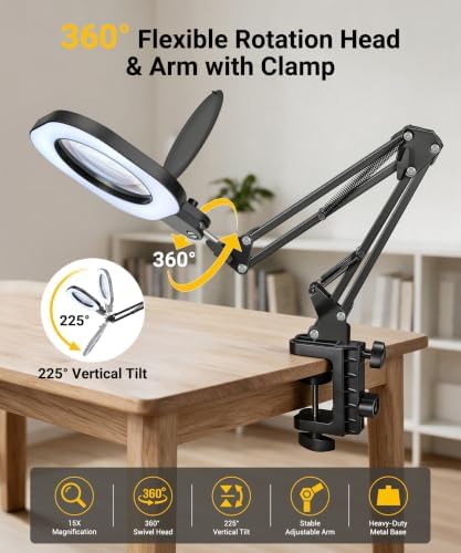 PARTSam 15X Magnifying Glass with Light Swing Arm Clamp Desk Lamp Dimmable