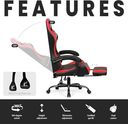 N-GEN GAMING Gaming Chair with Footrest, Lumbar, High-Back, Red Black