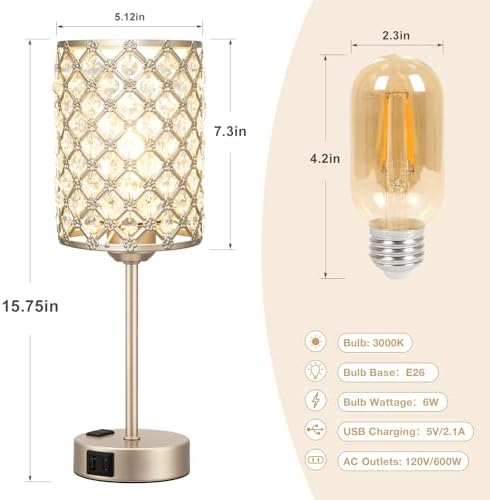 Champagne Gold Lamps for Night Stands, Crystal Table Lamp (Bulb Included)