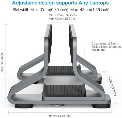 Aluminum Vertical Laptop Stand Dock Holder, Adjustable Slot Width 12-42mm, Space-Saving Upright Storage for MacBook and Laptops