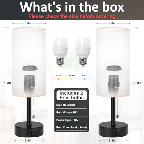 Fenmzee Cream Bedside Table Lamps Set of 2 - Bedroom Lamp for Desk, USB C+A