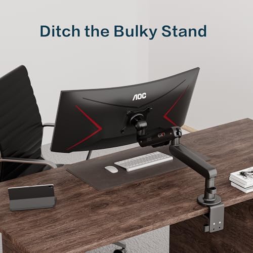 AOC 406PLUS Premium Aluminum Single Monitor Arm, Fits 13–34 Inch and 19.84 lbs, Mechanical Spring Desk Mount,C-Clamp,Low-Profile Gaming Bracket Enables Screen to Sit Close to Desktop(Gray)