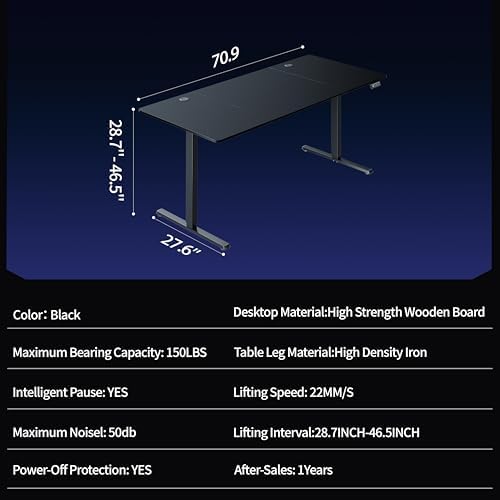 Shintenchi Standing Desk, 71x31 Inch Height Adjustable Electric Sit Stand up Desk, Ergonomic Rising Computer Table, Modern Lift Gaming Desk Workstation for Home Office, Black