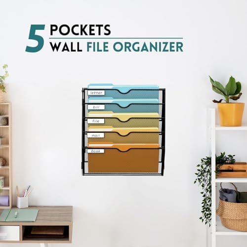 SUPEASY 5 Tier Wall File Organizer, Hanging Wall Mounted Mail Organizer with Label Slots, Metal Mesh File Holder Magazine Rack for Office, Home, School or Classroom, Black, 2Pack