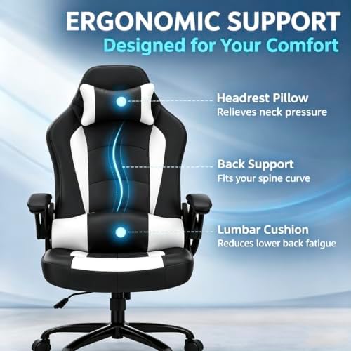 Ergonomic Gaming Chair - High Back Office Desk Chair with Lumbar Support & Flip-Up Arms, PU Leather Computer Swivel Task Chair, Adjustable Headrest Executive Racing Style Chair for Adults-White