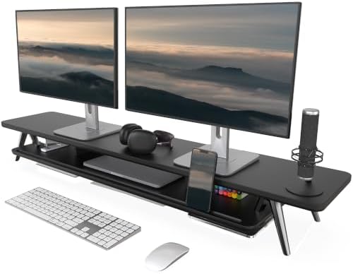 Fenge Dual Monitor Stand Riser, Wooden Desk Shelf with 2-Tier Storage
