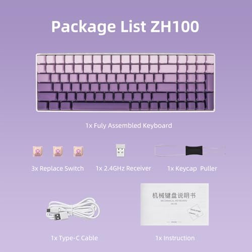 ZORNHER ZH100 Wireless Mechanical Keyboard,98% Purple Creamy Keyboard with Number Pad,Full Size Gaming Keyboard,Lighted Up PBT Dipped Keycaps,Creamy Sounding Linear Switches