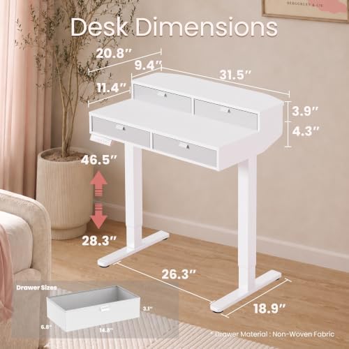 HUANUO 32-Inch Electric Height Adjustable Vanity Desk with 4 Drawers