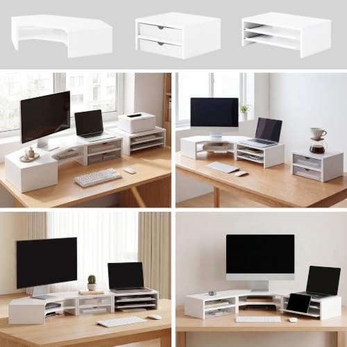 Fenge Dual Monitor Stand, Corner Desk Shelf with Drawer & Slide-Out Tray