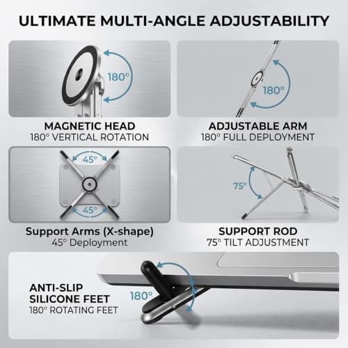 3-in-1 Magnetic Laptop Stand for Desk, Foldable Adjustable Laptop Riser with MagSafe Phone Holder, Ergonomic Aluminum Laptop Stand Tablet & Smartphone, Portable Travel Stand (Silver-Gray)