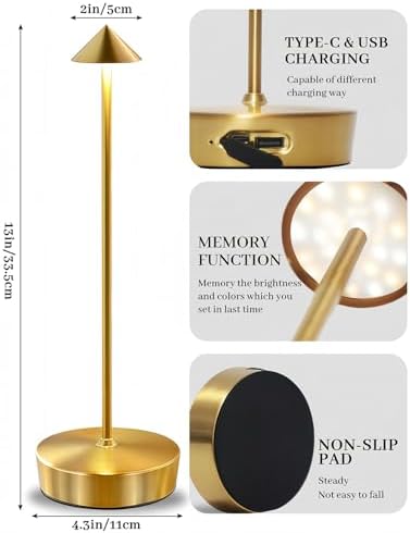2 Packs Gold Cordless Rechargeable Table Lamp Portable Touch Control Led Waterproof Golden Table Lamp for Bedroom Reading(2 Packs Gold)