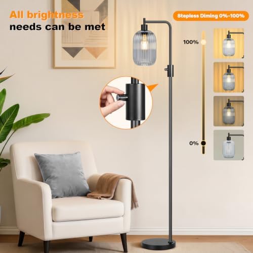 【Upgraded】 Dimmable Floor Lamp for Living Room with Gray Ribbed Glass Lampshade, Black Modern Floor Lamp with 900LM LED Bulb Included, Arc Standing Tall Lamp for Bedroom, Office, Reading Room, Corner