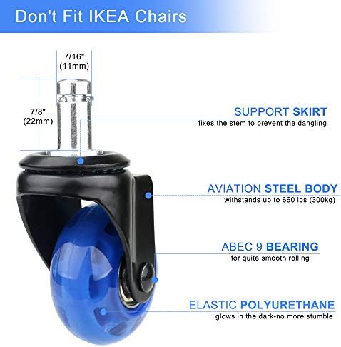 8T8 Upgraded Chair Caster Wheels 2'', Quiet and Smooth Gliding,Heavy Duty Wheels with Plug-in Stem 11X22 (7/16''X7/8''), Safe for Hardwood Carpet Tile Floors, Set of 5 (Blue, 2 inch)