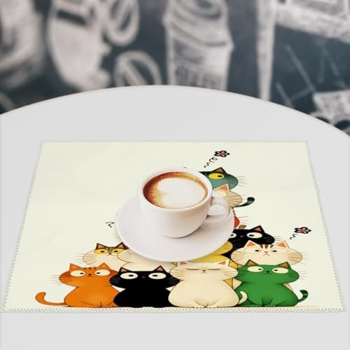 Colorful Cats Stack Washable Placemats Set of 4, Durable Heat Resistant Table Mats 17.7 X 11.8 Inch for Dining Table Kitchen Decor Indoor Use