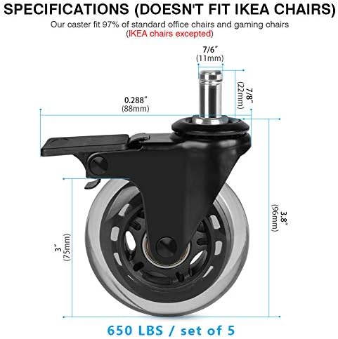 Hirate 5 Pack 3 inch Office Chair Caster Wheel Universal Stem 7/16" x 7/8"