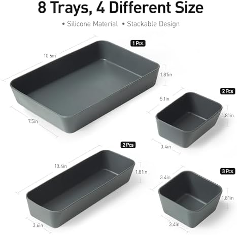 ISSEVE 8Pcs Silicone Drawer Organizer Trays for Bathroom, 4 Sizes, Black