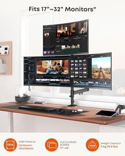 Triple Monitor Mount for up to 32 Inch Screens, Heavy Duty Gas Spring