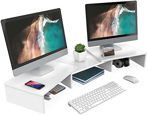 FITUEYES Dual Monitor Stand Riser, Adjustable Length and Angle, White