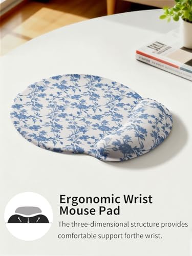 Seorsok Cute Sage Blue Floral Mouse Pad with Gel Wrist Support Mouse Pad,Ergonomic Aesthetic,Comfort Mousepad for Office Work Computer,Pain Relief Mousepad with Non-Slip Silicone Base,Blooming Flower