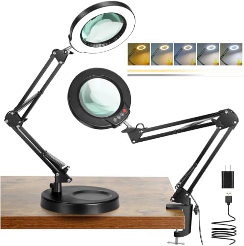 Coyeth 12X Magnifying Glass with Light and Stand, 5 Color Modes Stepless Dimmable 2-in-1 Lighted Magnifier with Clamp, LED Desk Lamp Hands Free for Crafts Hobby Reading Painting Sewing Close Work