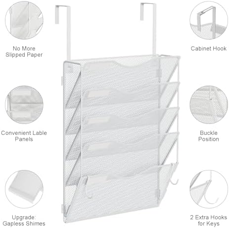 BOHDK Wall File Organizer, Hanging File Folder Organizer, Vertical Mesh Metal Door/Wall Mount Hanging File Holder. Paper Document Magazine Rack with Hooks for Home Office Black (5 Pockets White)