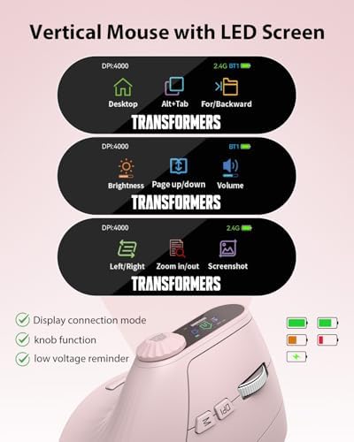 Transformers Vertical Ergonomic Mouse with LED Screen & Knob Control Pink