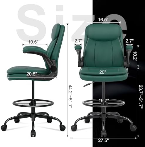 Misolant Drafting Chair, Tall Office Chair for Standing Desk, High Leather Executive Office Chair with Adjustable Height and Flip-up Armrest for Counter Height Desk Green