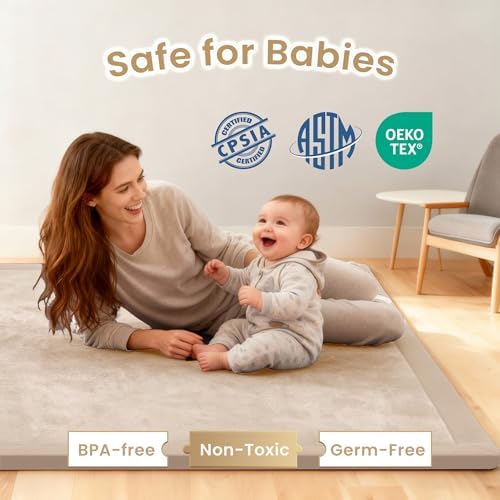 ACOMOPACK Baby Play Mat for Floor 1.3" Thick Memory Foam Play Mat 79×158" Tummy Time Crawling with Non-slip Bottom for Living Room,Nursery,Soft Velvet Playpen Mats for Kids,Infants（Beige）