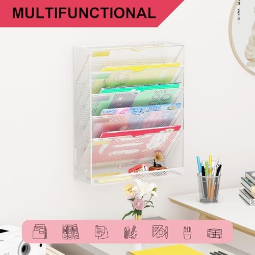 Hanging Wall File Organizer 6 Tier Wall Mounted File Holder Document Wall Organizer Magazine Organization for Office Home, Silver